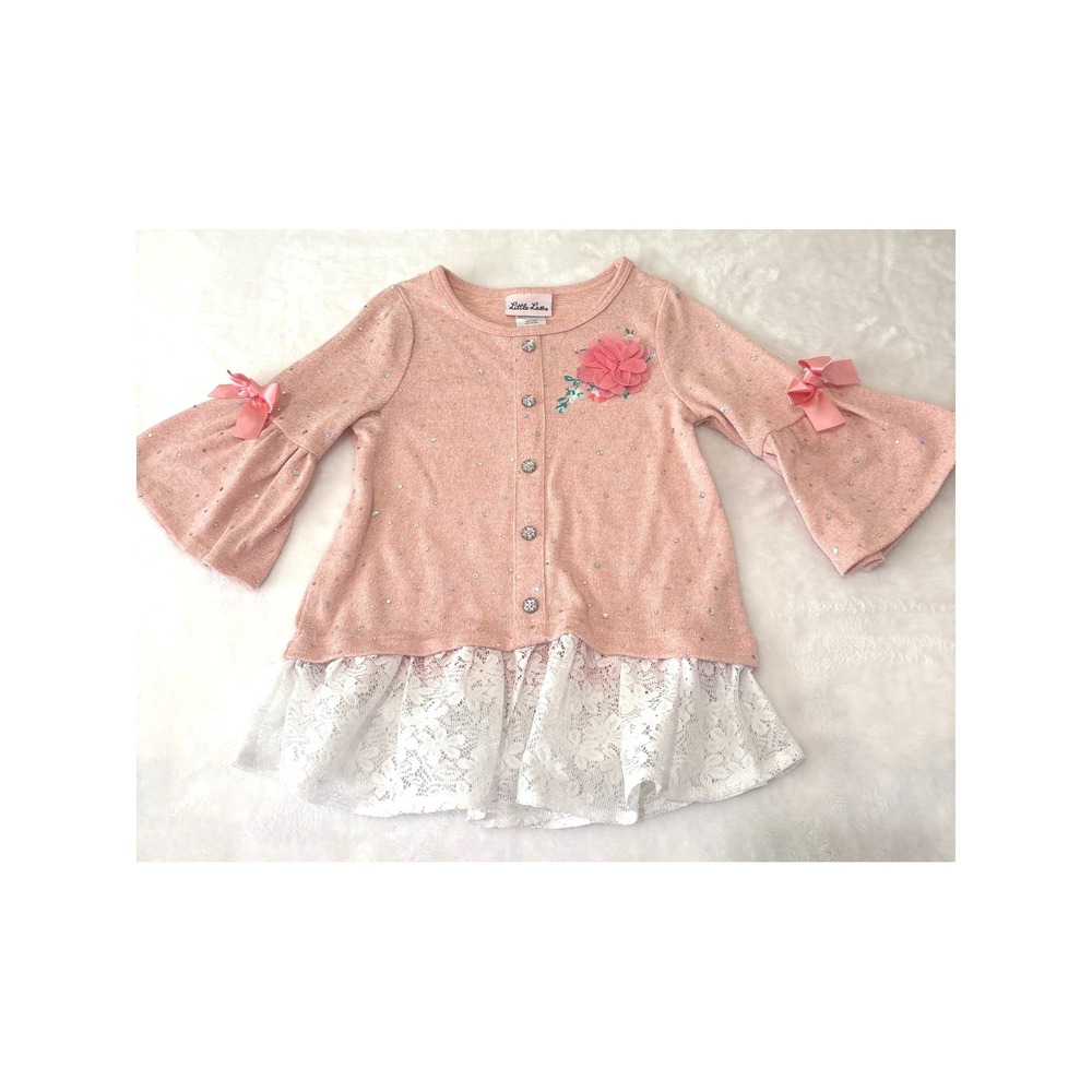 Little Lass Girls Peach Rhinestone Cardigan Lace Hem Bell Sleeve Sweater Size 4